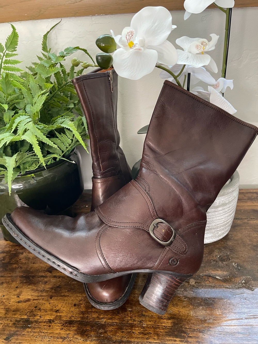 Born Brown Leather Mid-Calf Heeled Boots -cute curved heel! 9.5